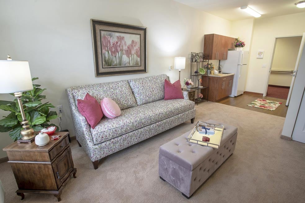 A living room in a Parker Place apartment